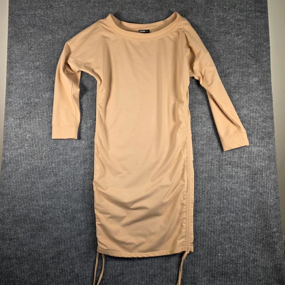 ChicMe Beige Ruched Drawstring Midi Dress Long Sleeve Size L
